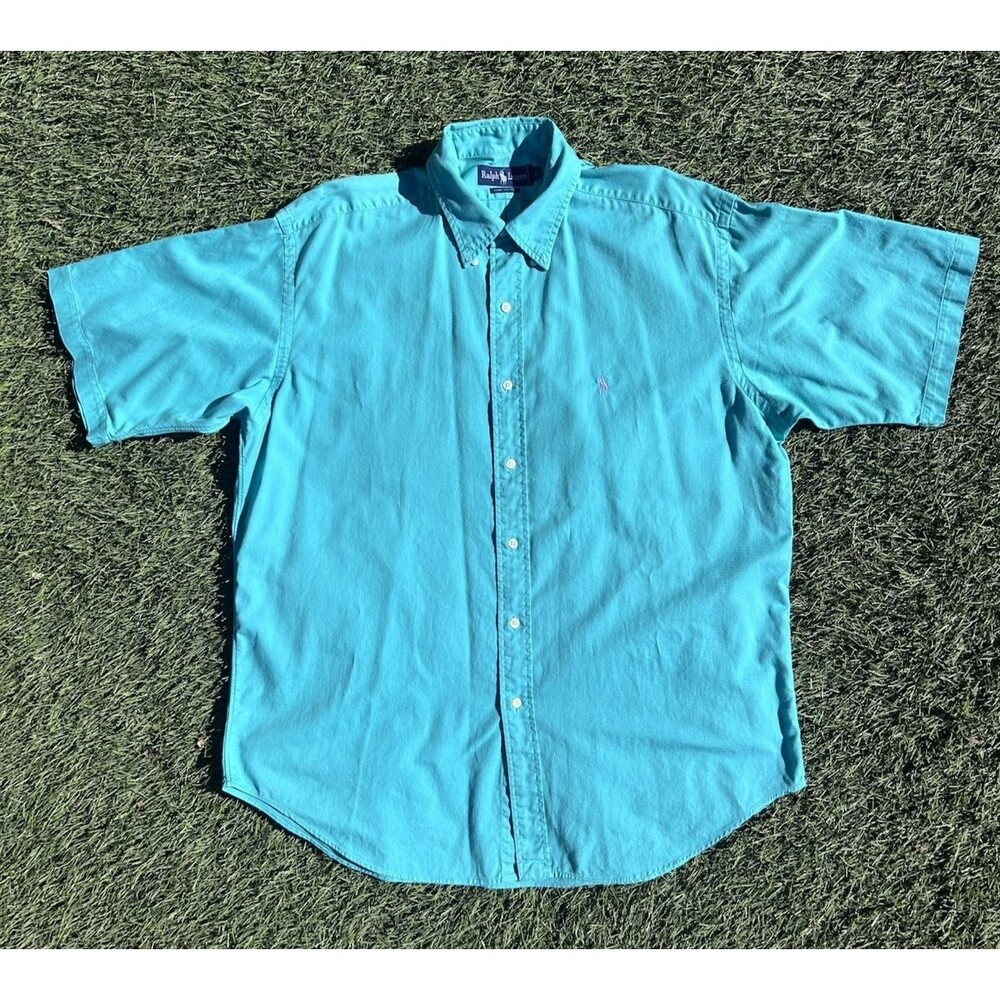 Vintage Ralph Lauren Mens L Teal Turquoise 100% Cotton Short Sleeve Button Down